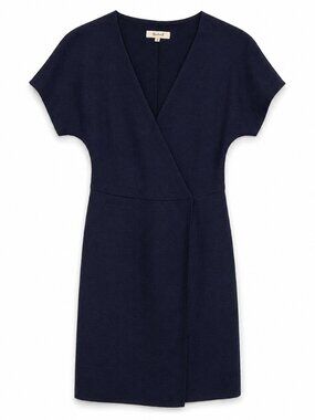 Madewell Navy Blue Faux Wrap Midi Dress V-Neck Flutter Sleeve Size S Classic